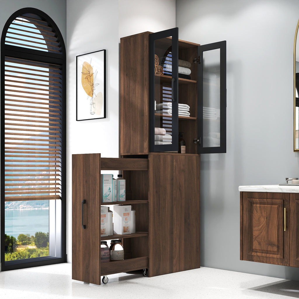 The Bram Glass Door Pantry Cabinet with Pull-Out Shelves, Walnut, 70.87 in