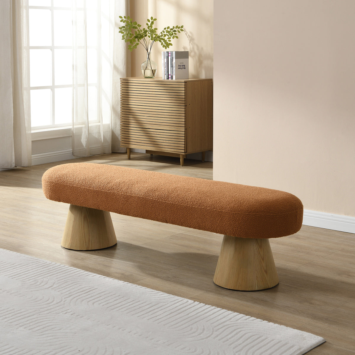 The Clementine Oval Boucle Bench, Rust Orange, 64 in