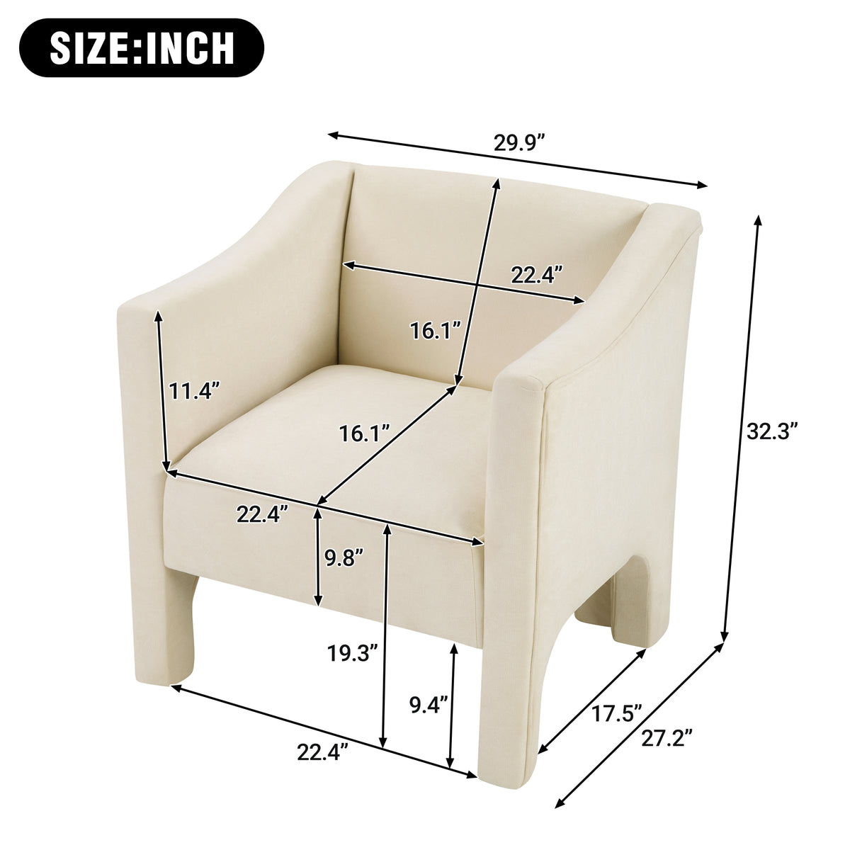 The Margot Sculptural Barrel Chair, Cream Chenille, size chart