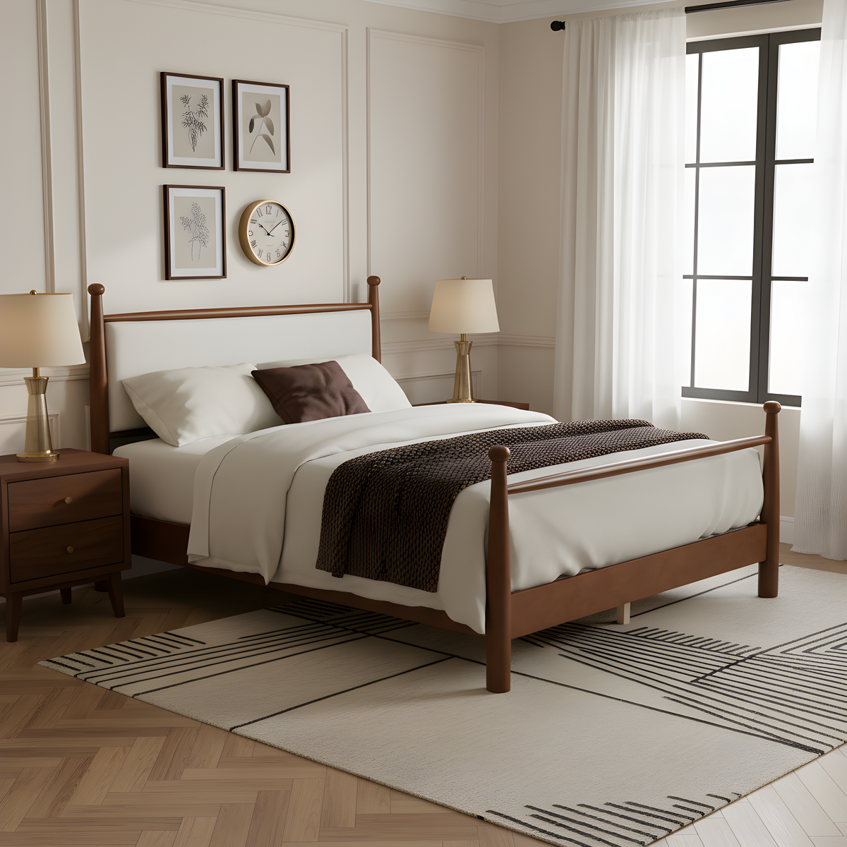The Hollis Walnut Four-Post Bed, Cream Upholstered Headboard, Queen