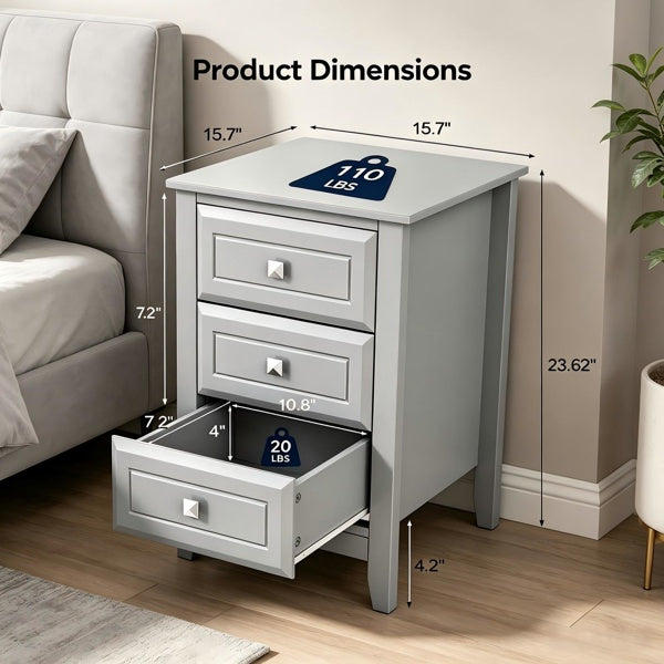 The Harper 3 Drawer Nightstand, Soft Grey