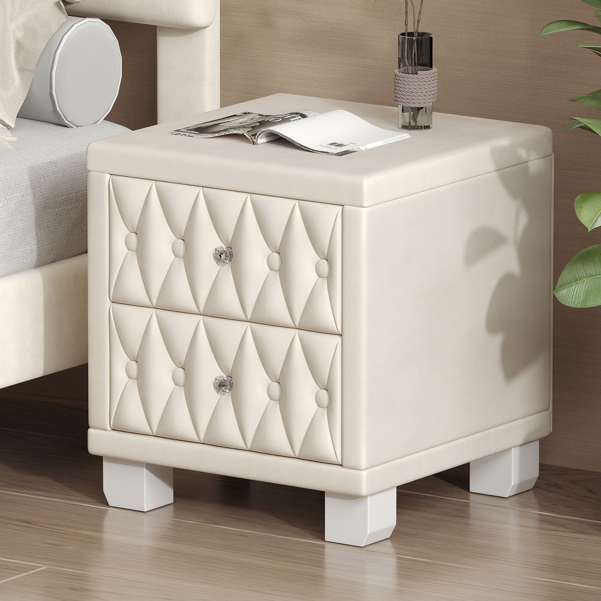 The Odette Button-Tufted Velvet Nightstand, Cream