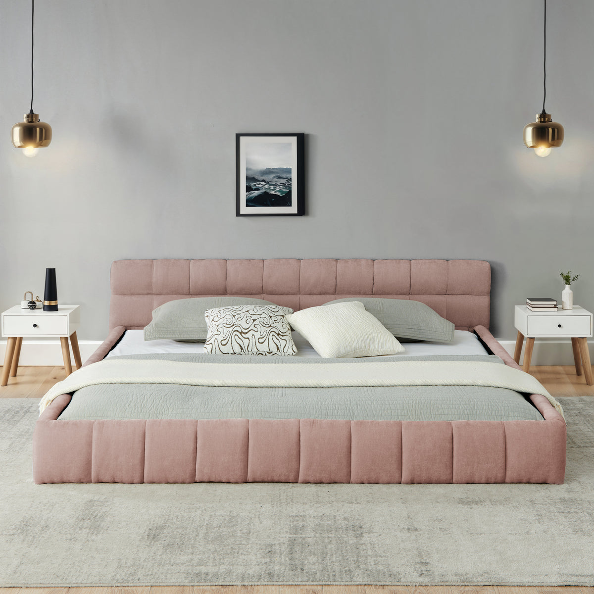 The Rosalie Channel Tufted Floor Bed, Blush Pink Chenille, California King