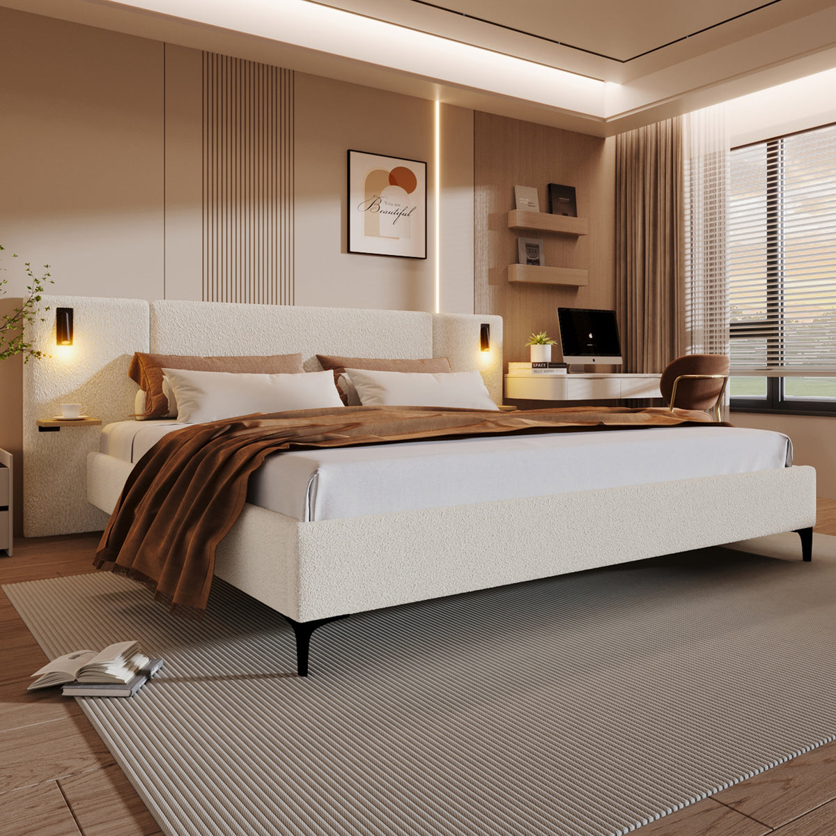 The Serafina Boucle Bed with Reading Lights and Shelves, White, King