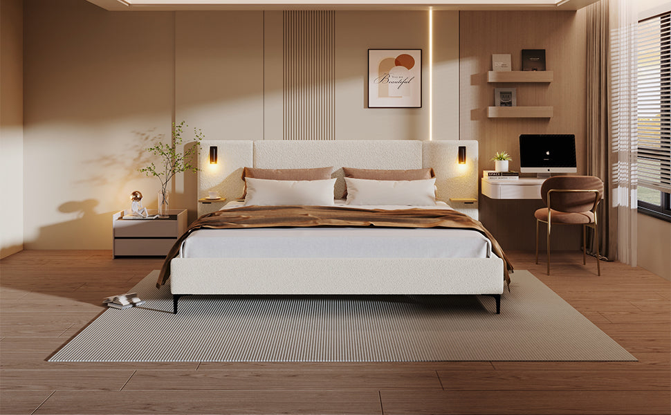 The Serafina Boucle Bed with Reading Lights and Shelves, White, King