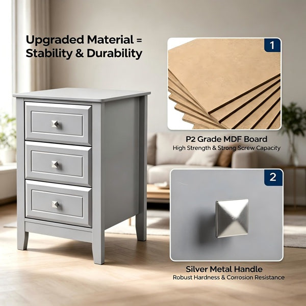 The Harper 3 Drawer Nightstand, Soft Grey