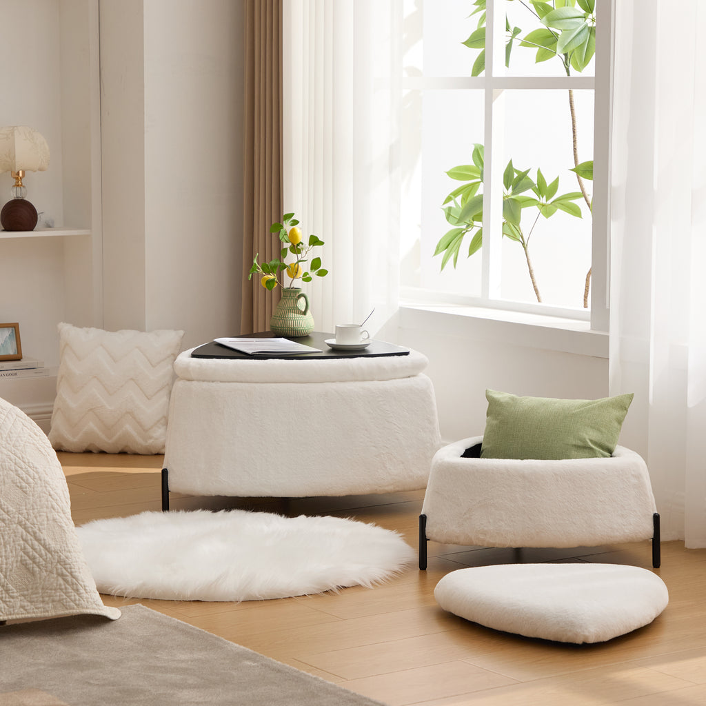 The Juniper Nesting Storage Ottomans, Set of 2, Ivory Faux Fur, view 5