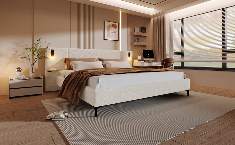 The Serafina Boucle Bed with Reading Lights and Shelves, White, King