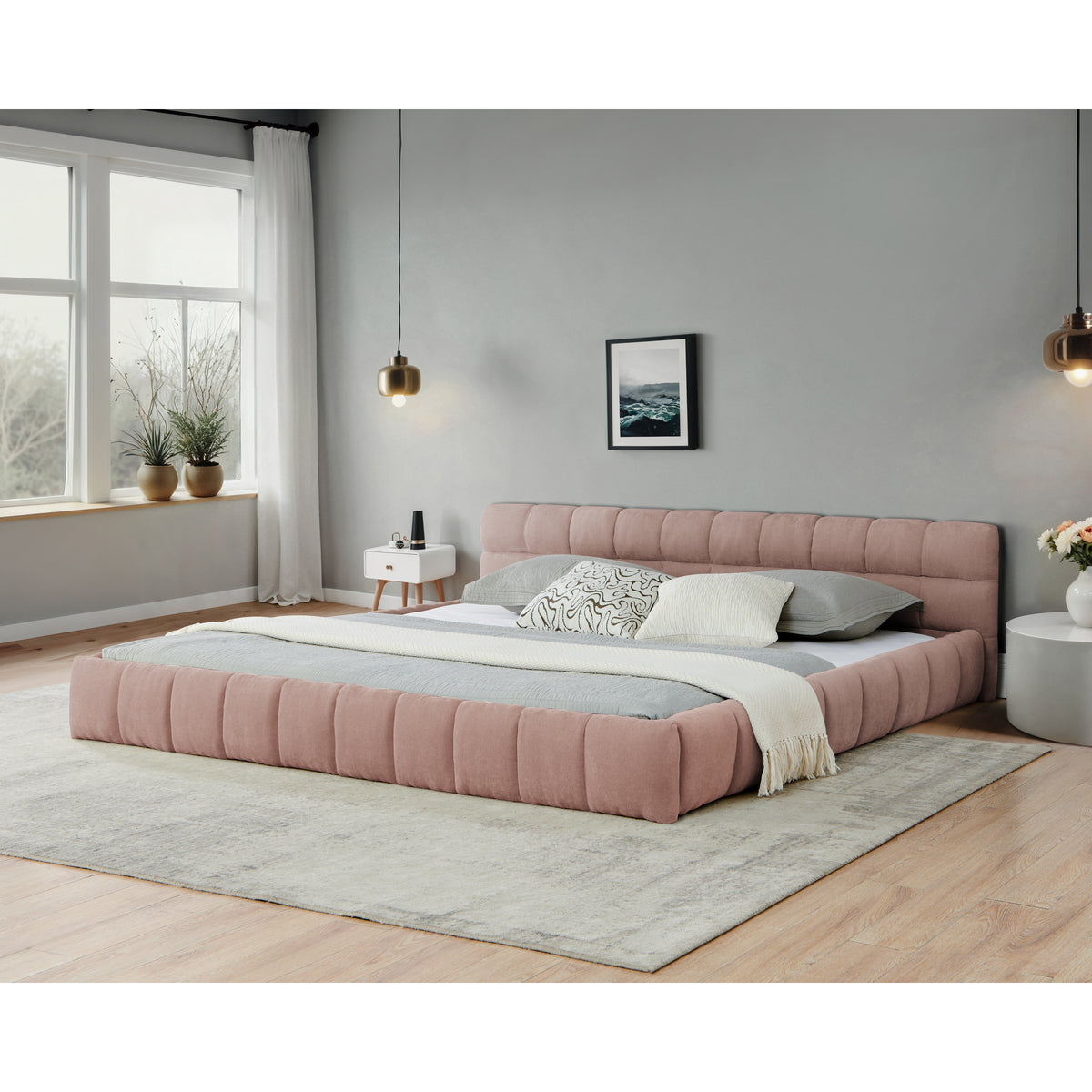 The Rosalie Channel Tufted Floor Bed, Blush Pink Chenille, California King