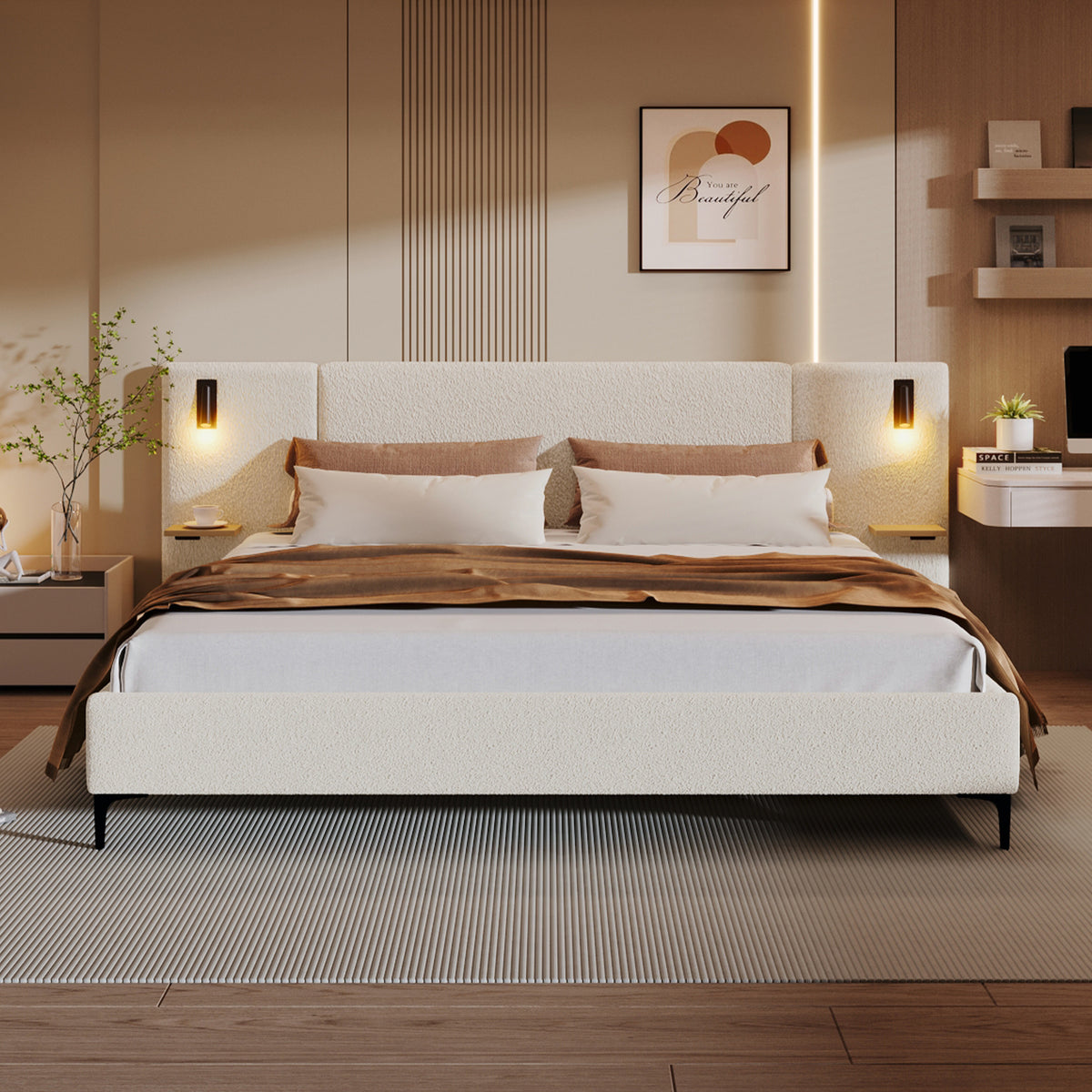 The Serafina Boucle Bed with Reading Lights and Shelves, White, King