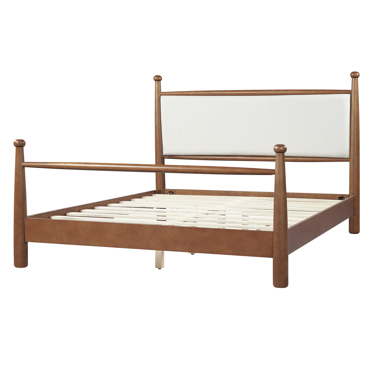 The Hollis Walnut Four-Post Bed, Cream Upholstered Headboard, Queen