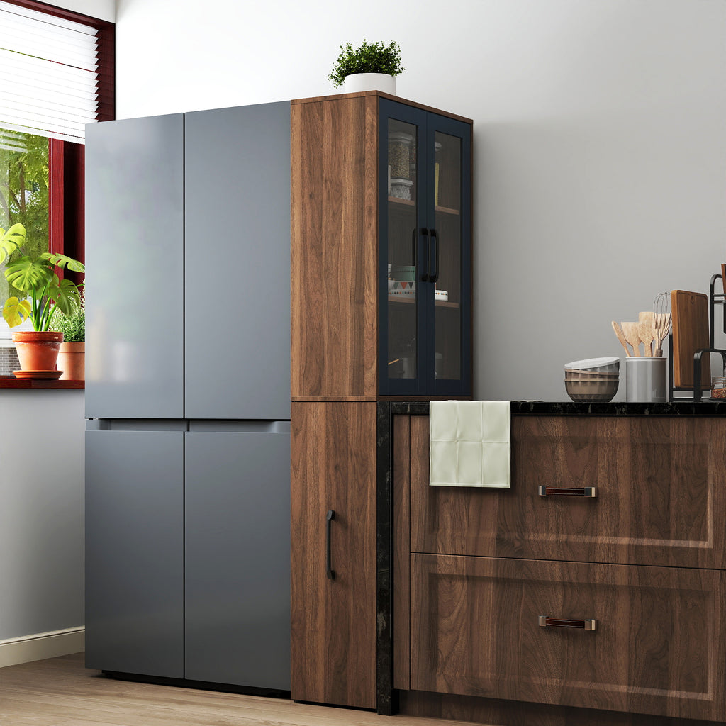 The Bram Glass Door Pantry Cabinet with Pull-Out Shelves, Walnut, 70.87 in