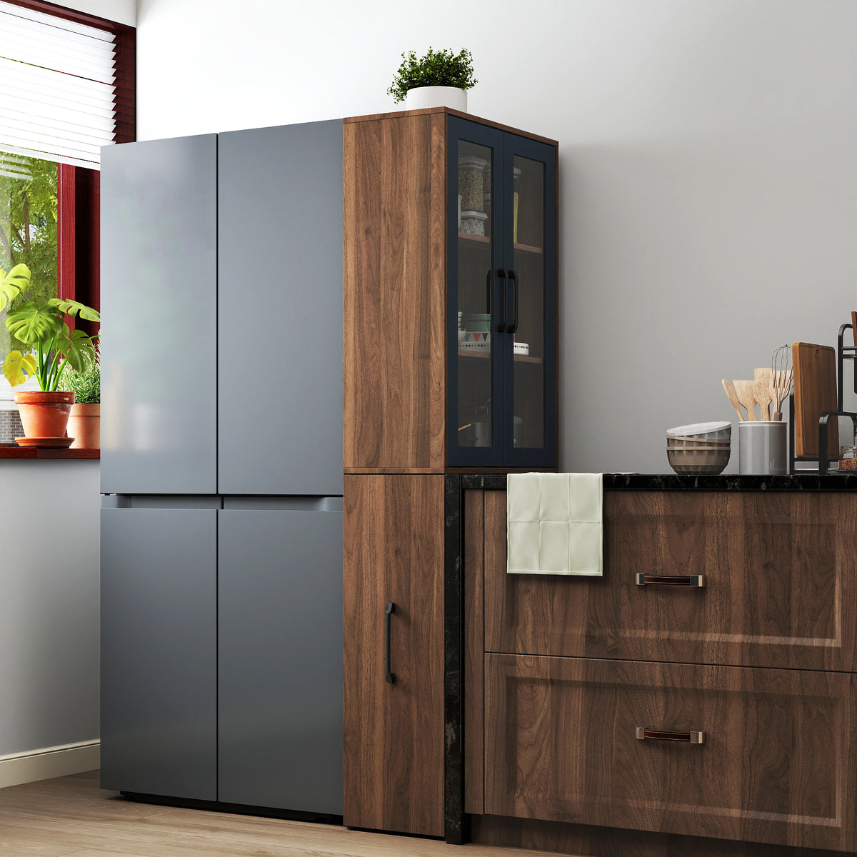 The Bram Glass Door Pantry Cabinet with Pull-Out Shelves, Walnut, 70.87 in