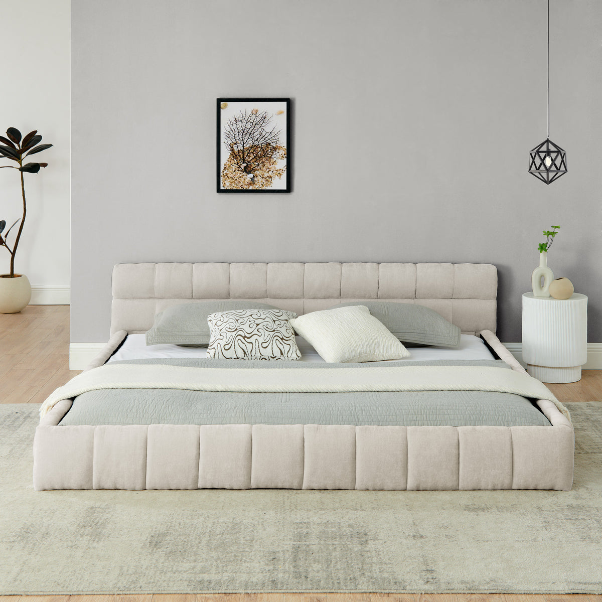 The Aurelia Channel Tufted Floor Bed, Cream Chenille, King
