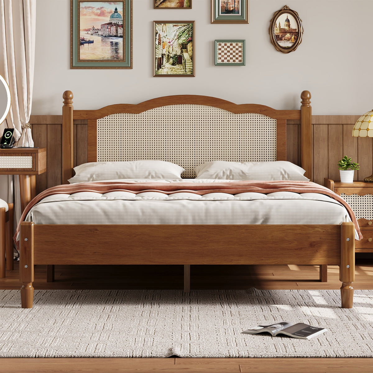 The Calla Rattan Arch Platform Bed, Walnut, Queen
