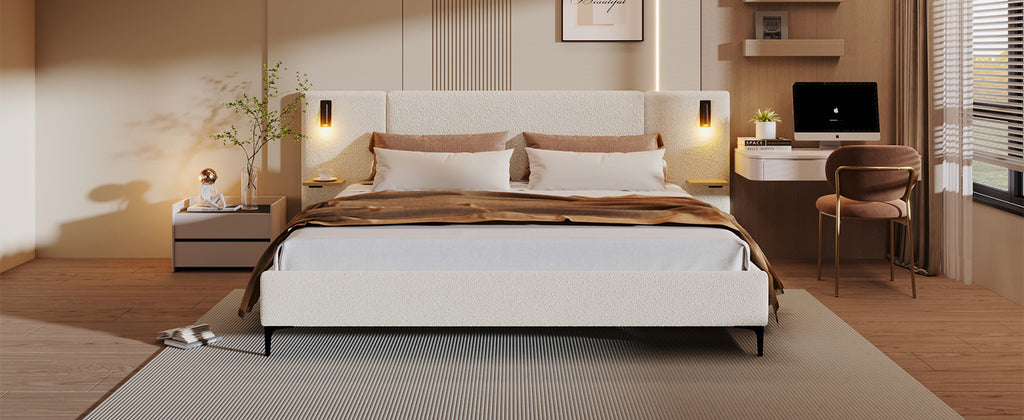 The Serafina Boucle Bed with Reading Lights and Shelves, White, King