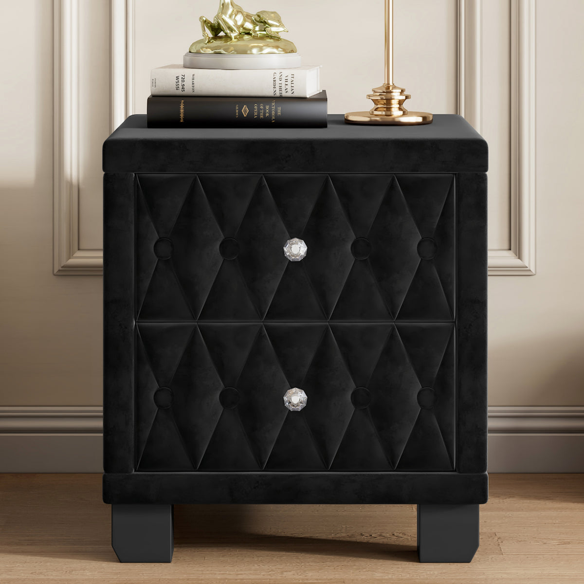 The Odette Button-Tufted Velvet Nightstand, Black