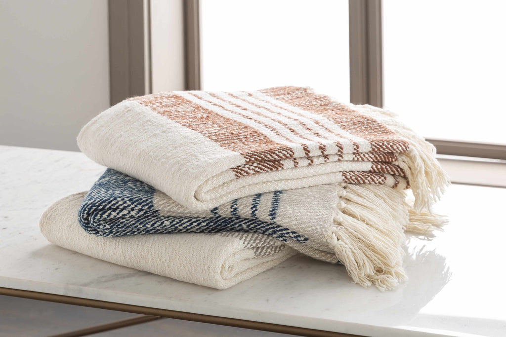The Harlow Hand-Woven Fringed Throw, Cream and Navy Stripe