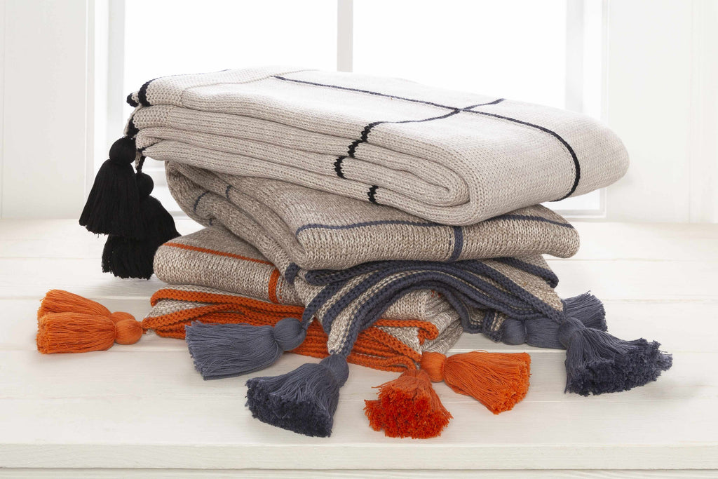 The Sloane Tasseled Knit Cotton Throw, Beige and Black