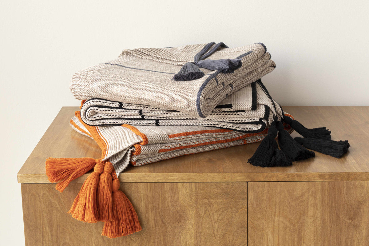 The Sloane Tasseled Knit Cotton Throw, Beige and Black