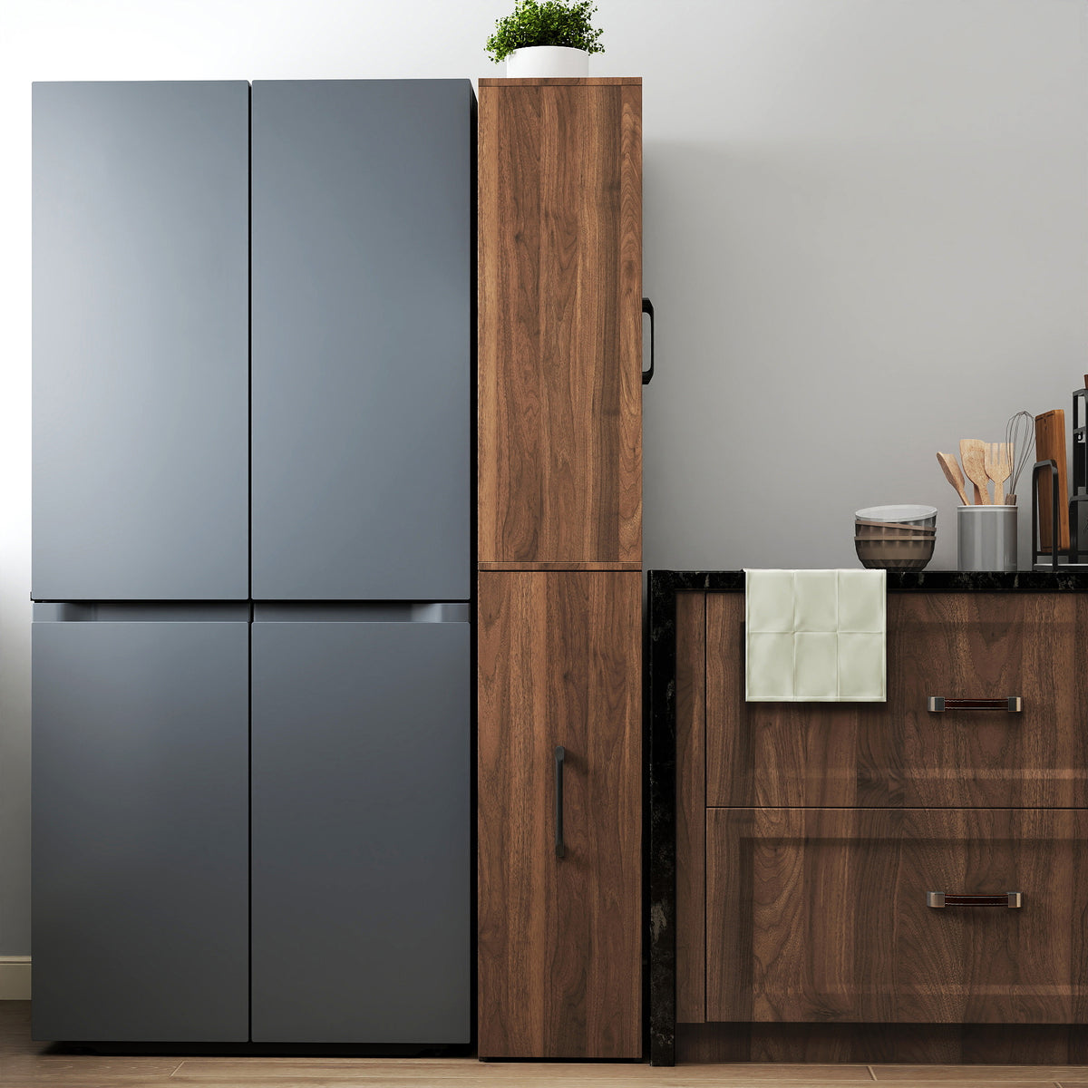The Bram Glass Door Pantry Cabinet with Pull-Out Shelves, Walnut, 70.87 in
