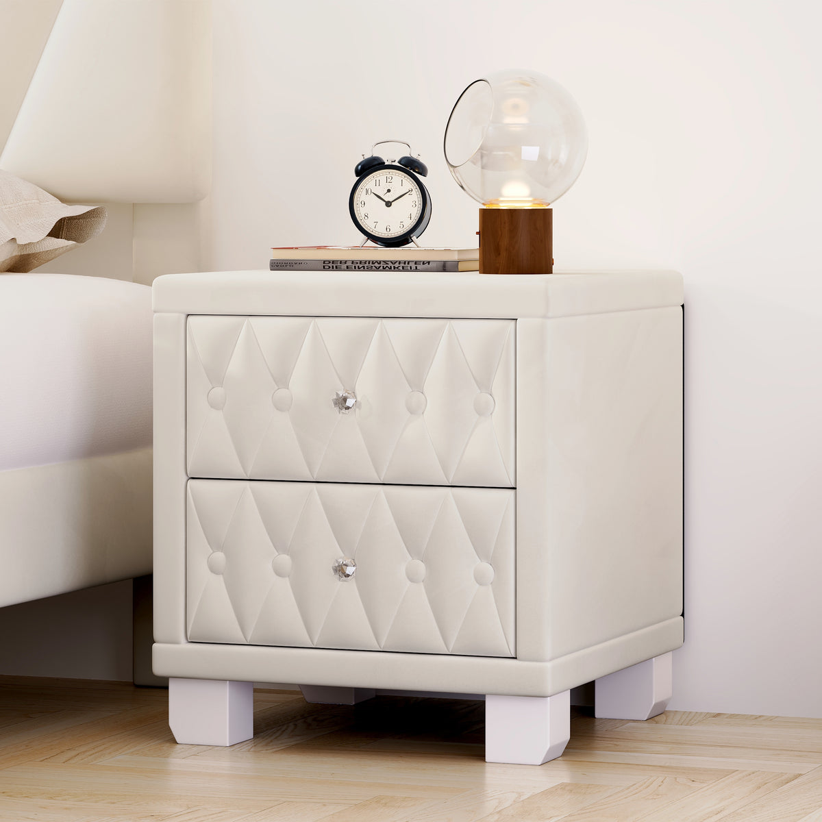 The Odette Button-Tufted Velvet Nightstand, Cream