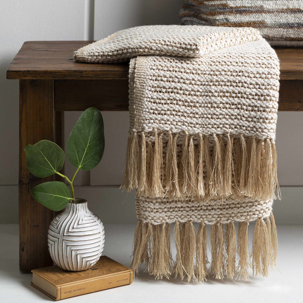 The Avery Chunky Knit Cotton Throw, Oatmeal and Gold