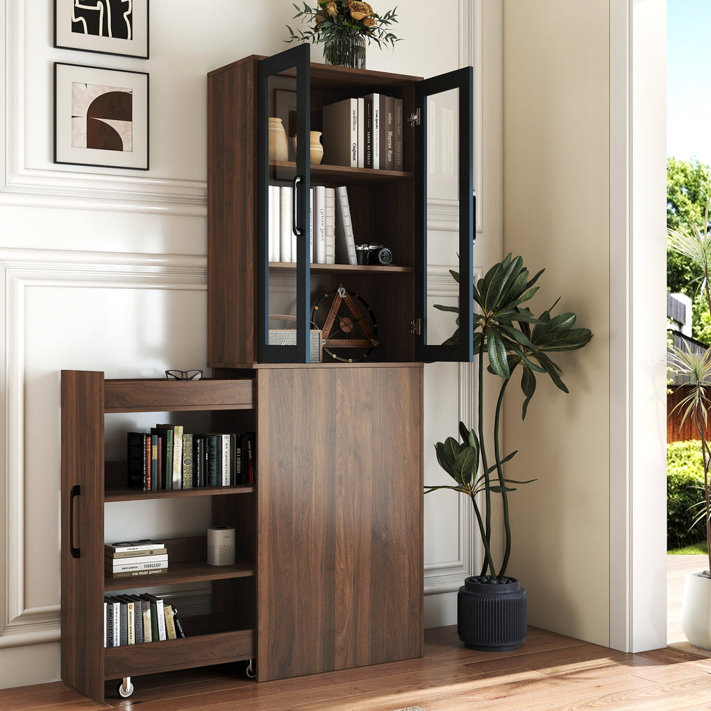The Bram Glass Door Pantry Cabinet with Pull-Out Shelves, Walnut, 70.87 in