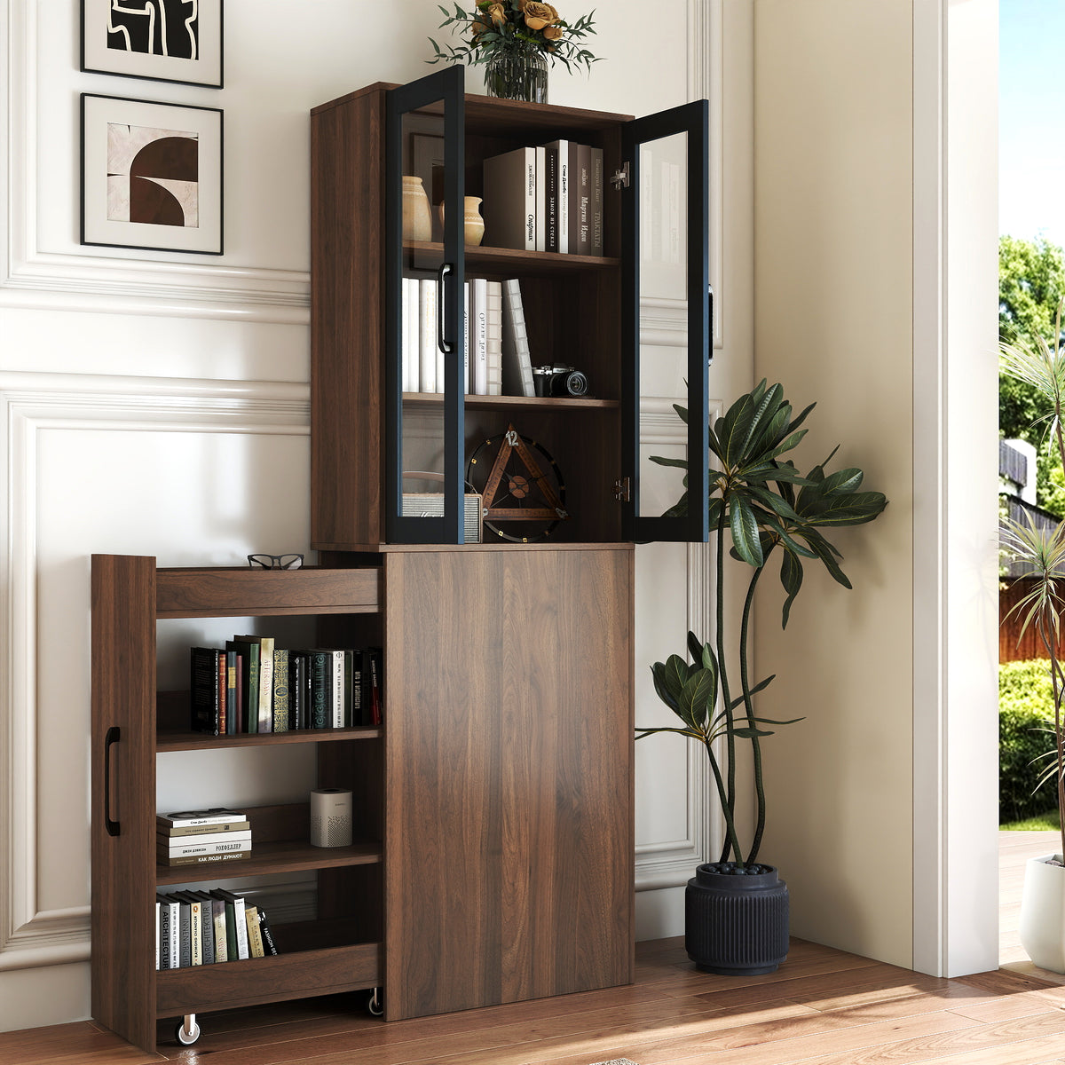 The Bram Glass Door Pantry Cabinet with Pull-Out Shelves, Walnut, 70.87 in