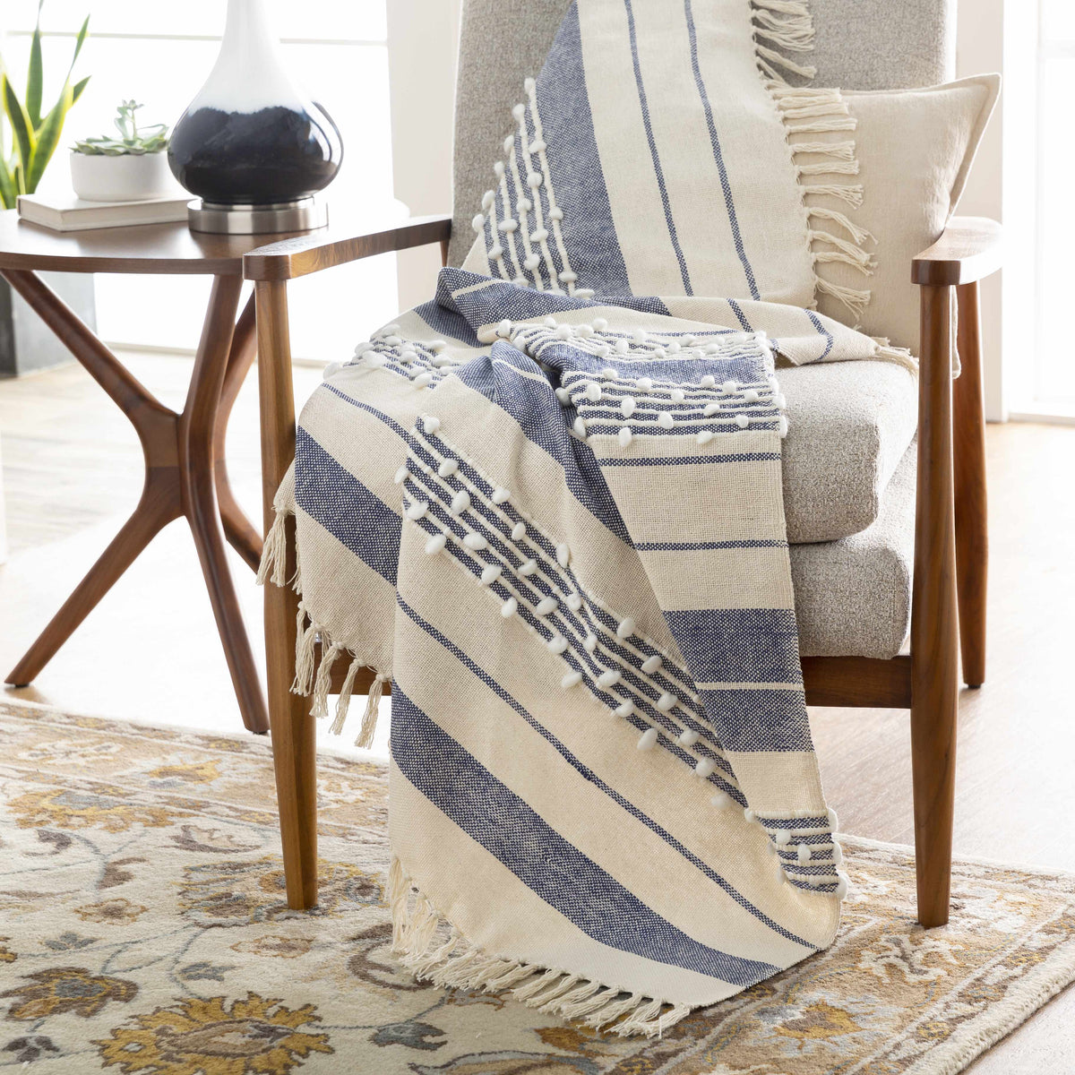 The Bennett Hand-Woven Striped Throw, White and Navy