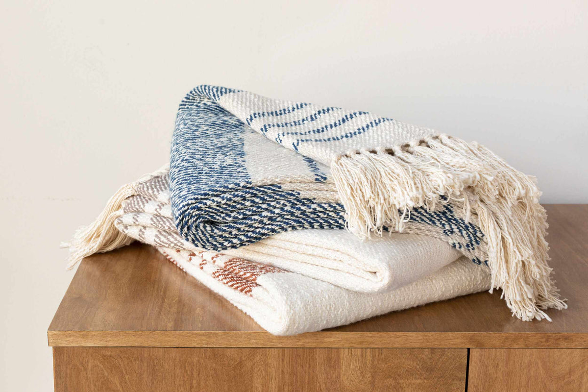 The Harlow Hand-Woven Fringed Throw, Cream and Navy Stripe