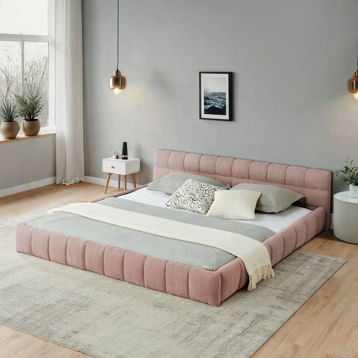 The Rosalie Channel Tufted Floor Bed, Blush Pink Chenille, California King