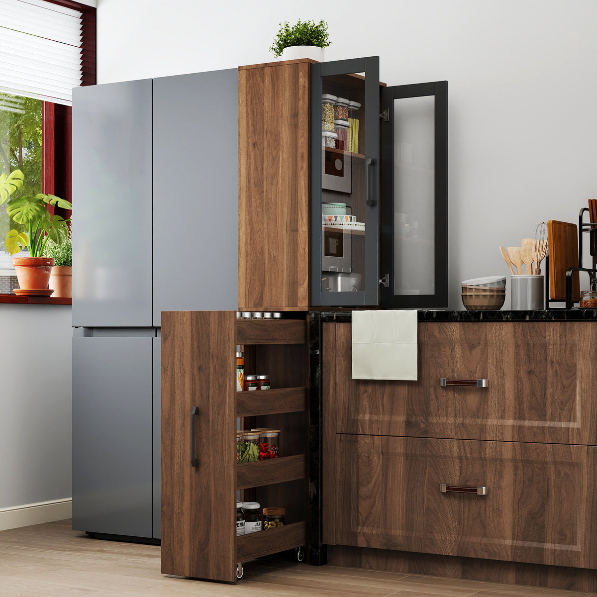 The Bram Glass Door Pantry Cabinet with Pull-Out Shelves, Walnut, 70.87 in
