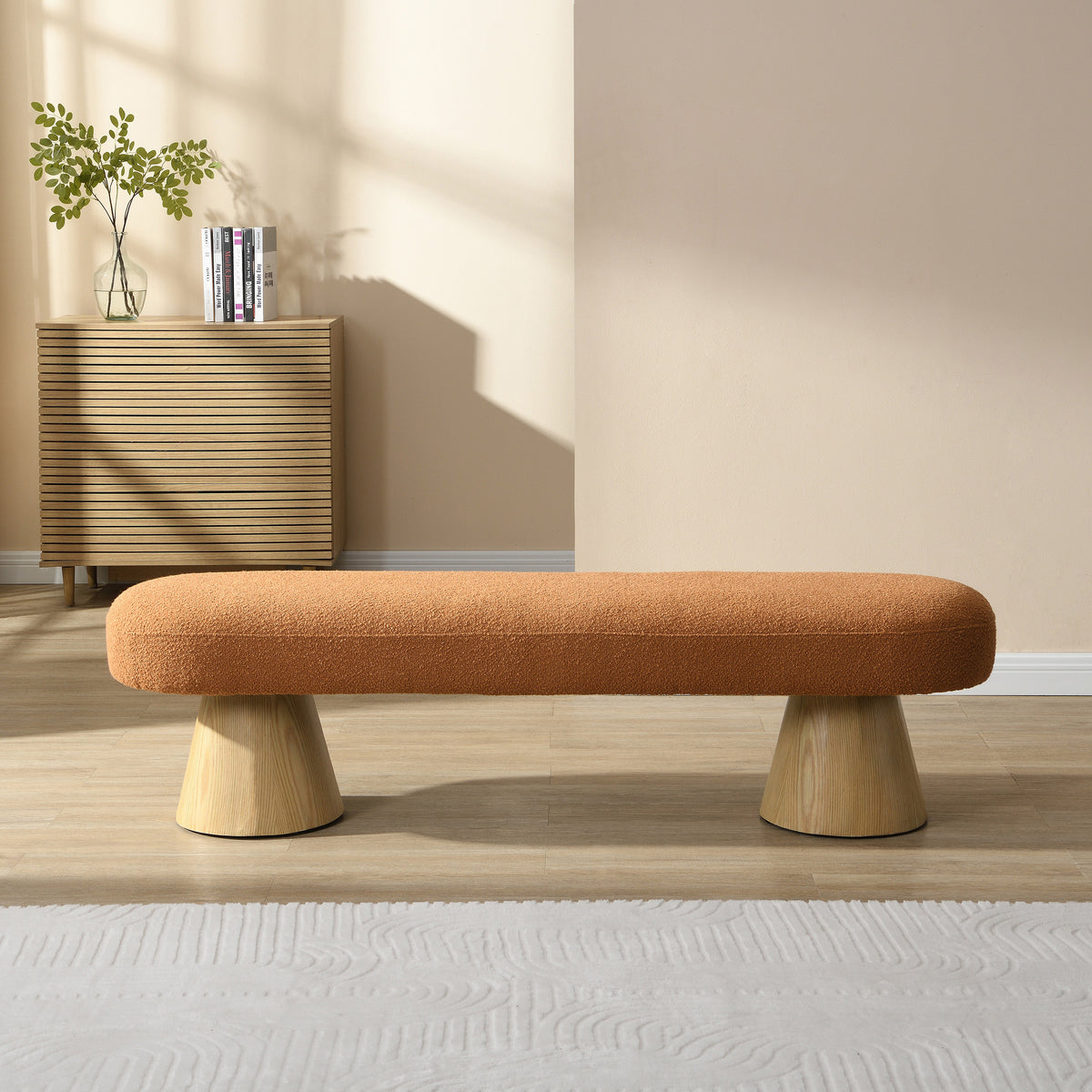 The Clementine Oval Boucle Bench, Rust Orange, 64 in