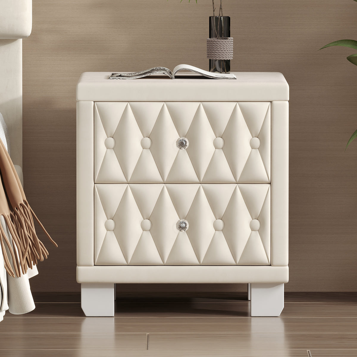 The Odette Button-Tufted Velvet Nightstand, Cream