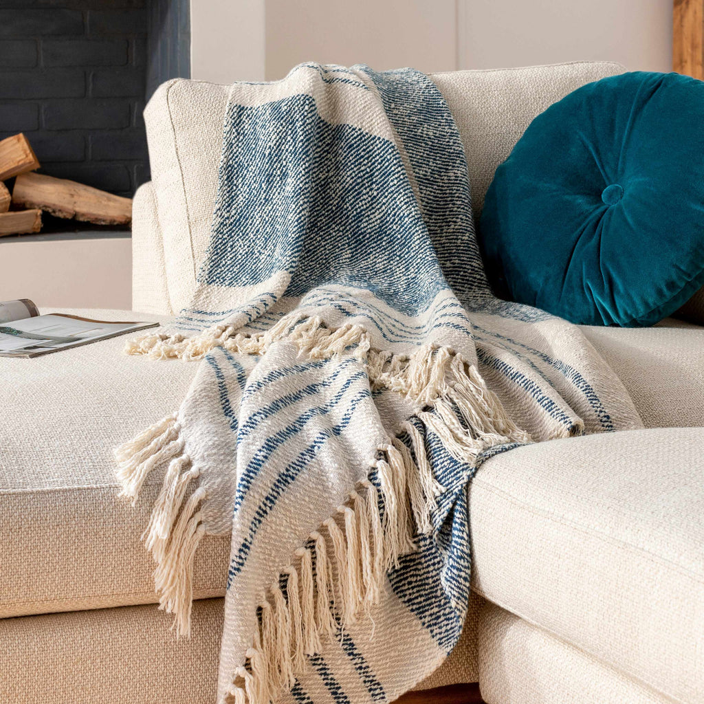 The Harlow Hand-Woven Fringed Throw, Cream and Navy Stripe