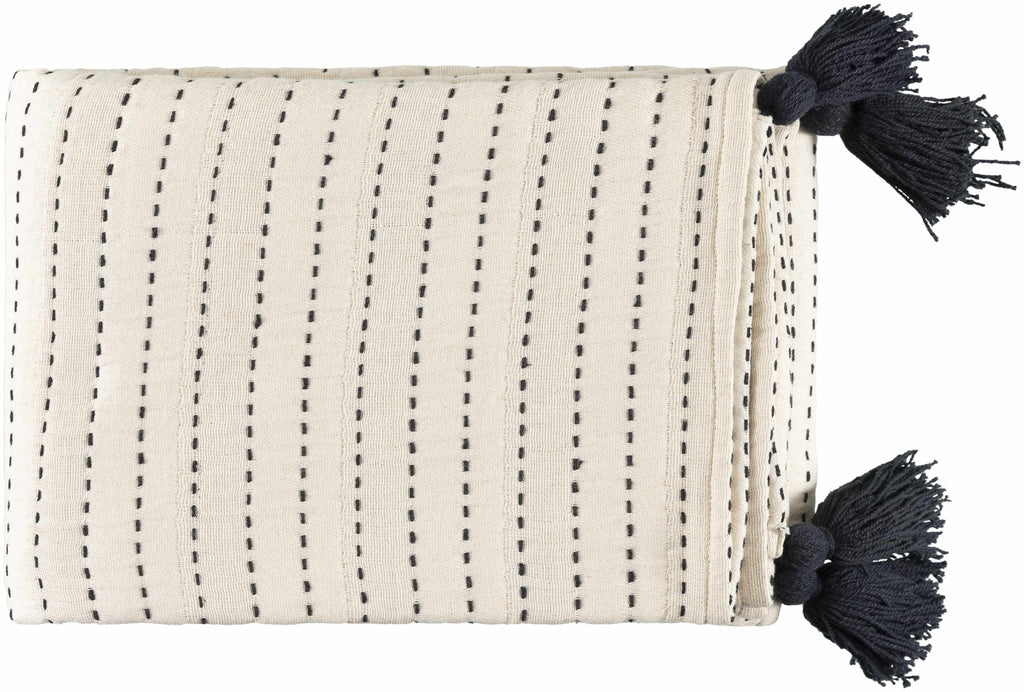 The Callie Stitched Cotton Throw, Cream with Black Tassels