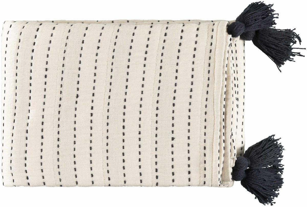 The Callie Stitched Cotton Throw, Cream with Black Tassels
