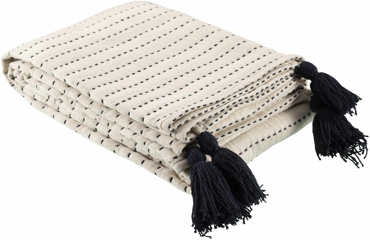 The Callie Stitched Cotton Throw, Cream with Black Tassels