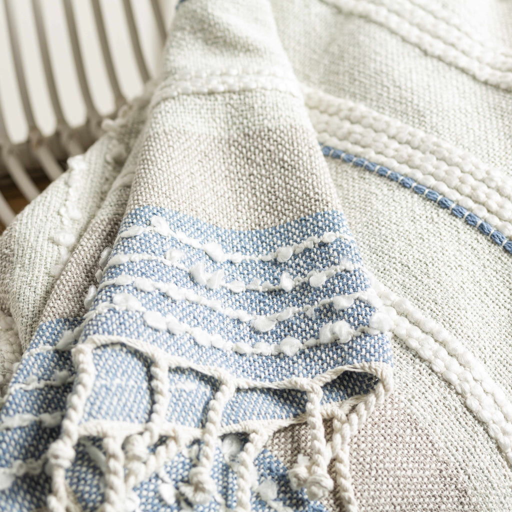 The Marina Hand-Woven Coastal Throw, Ivory and Soft Blue
