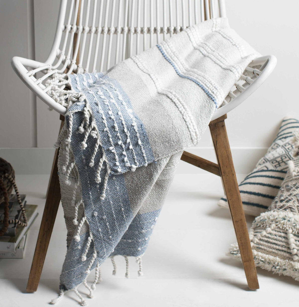 The Marina Hand-Woven Coastal Throw, Ivory and Soft Blue