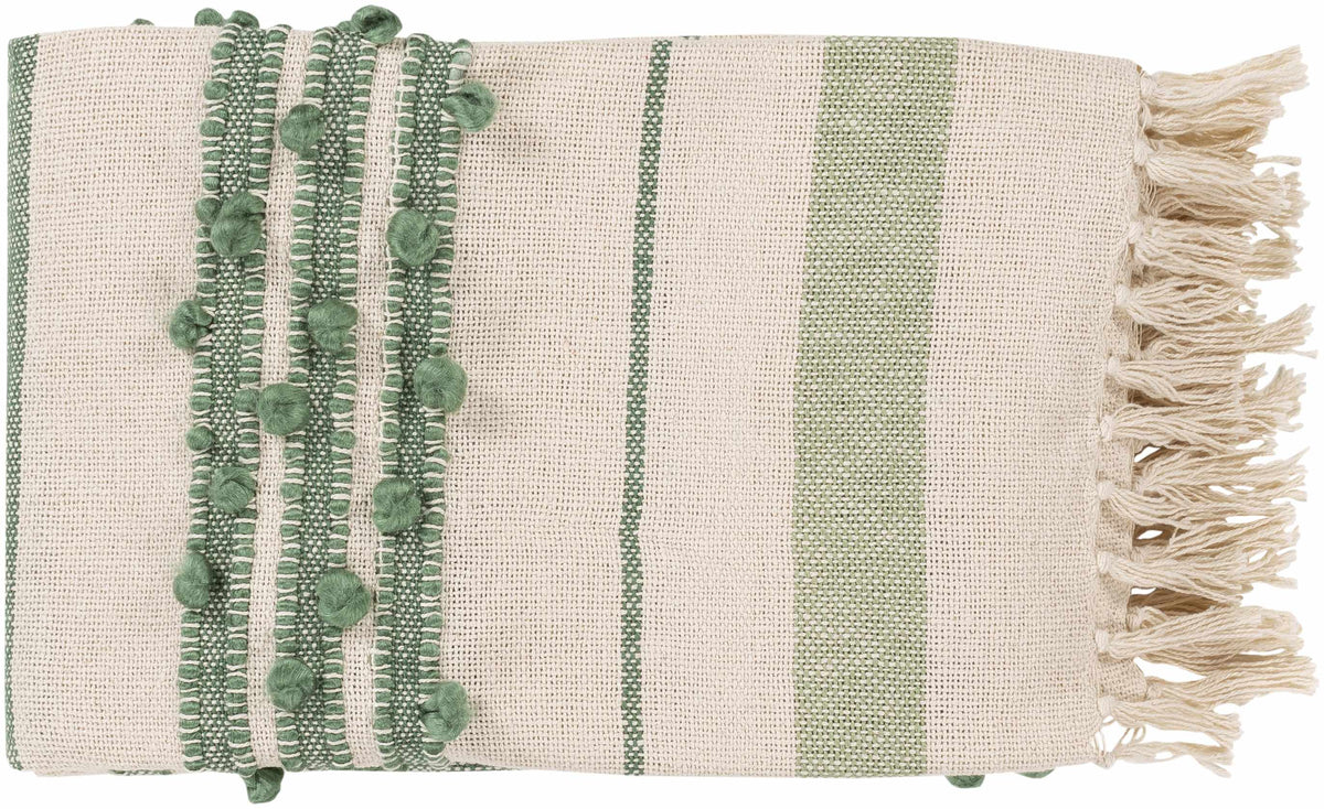 The Whitley Hand-Woven Cotton Throw, Cream and Sage Stripe