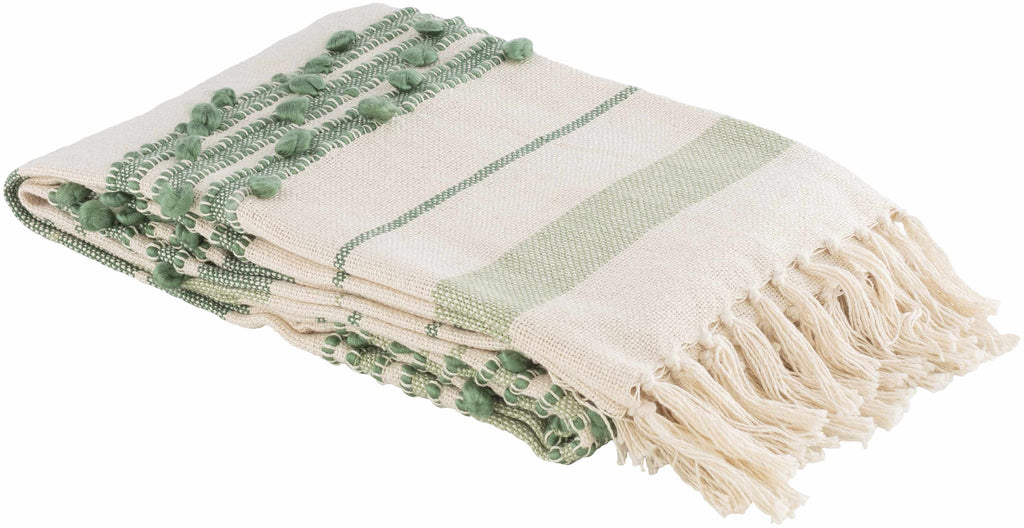 The Whitley Hand-Woven Cotton Throw, Cream and Sage Stripe