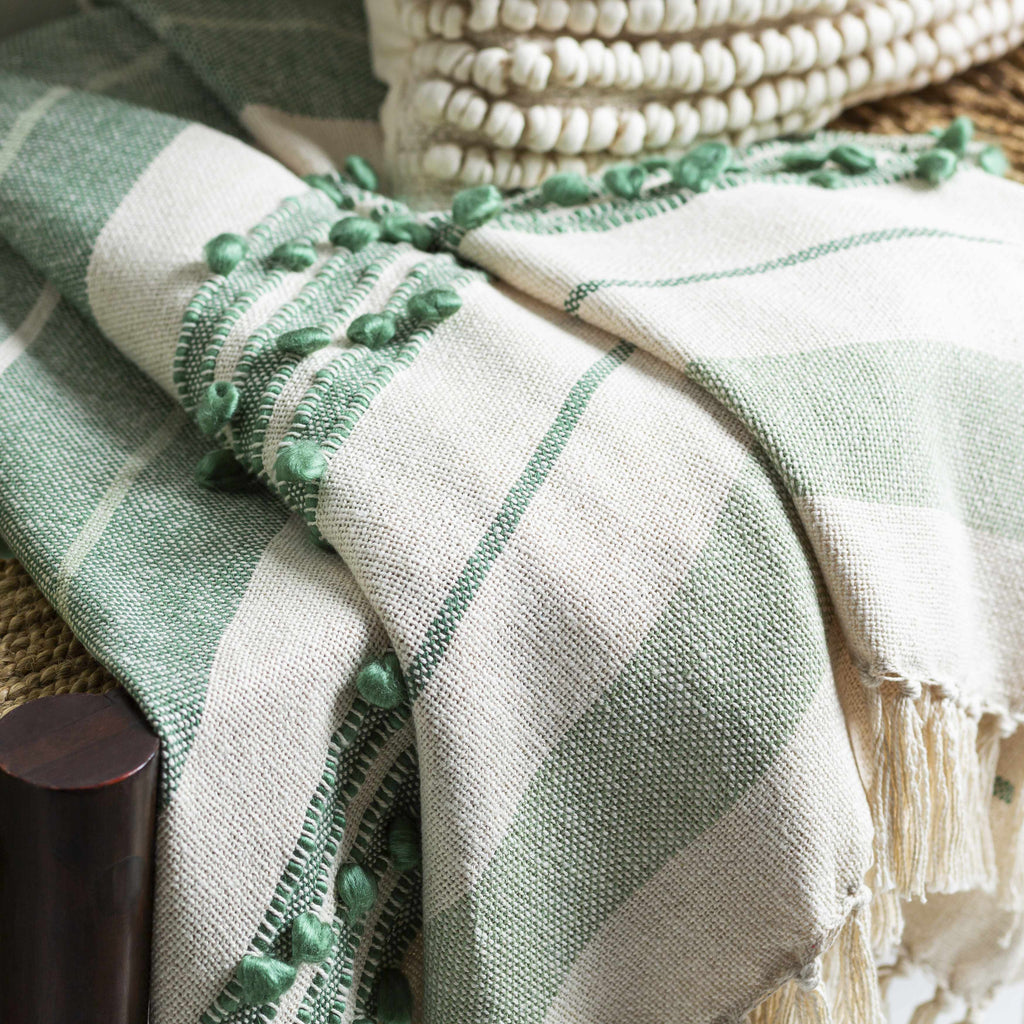 The Whitley Hand-Woven Cotton Throw, Cream and Sage Stripe