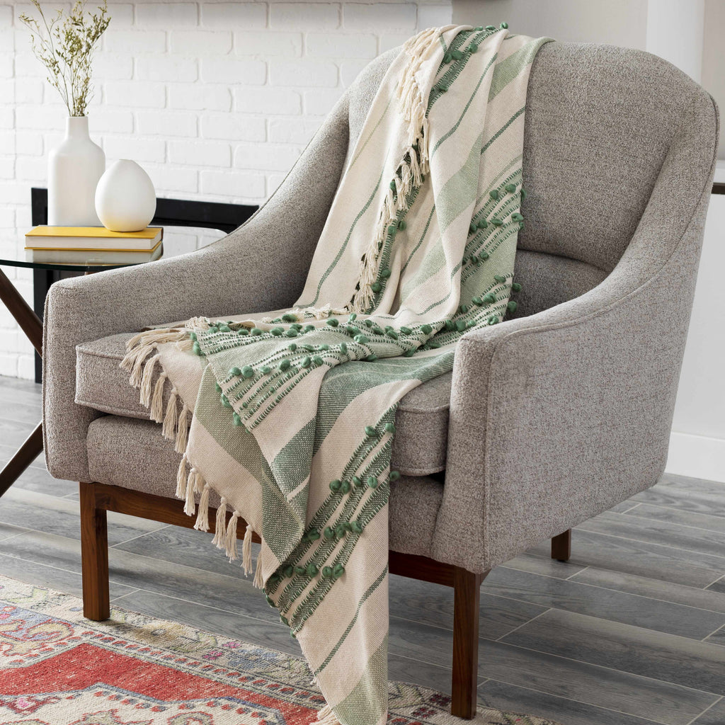 The Whitley Hand-Woven Cotton Throw, Cream and Sage Stripe